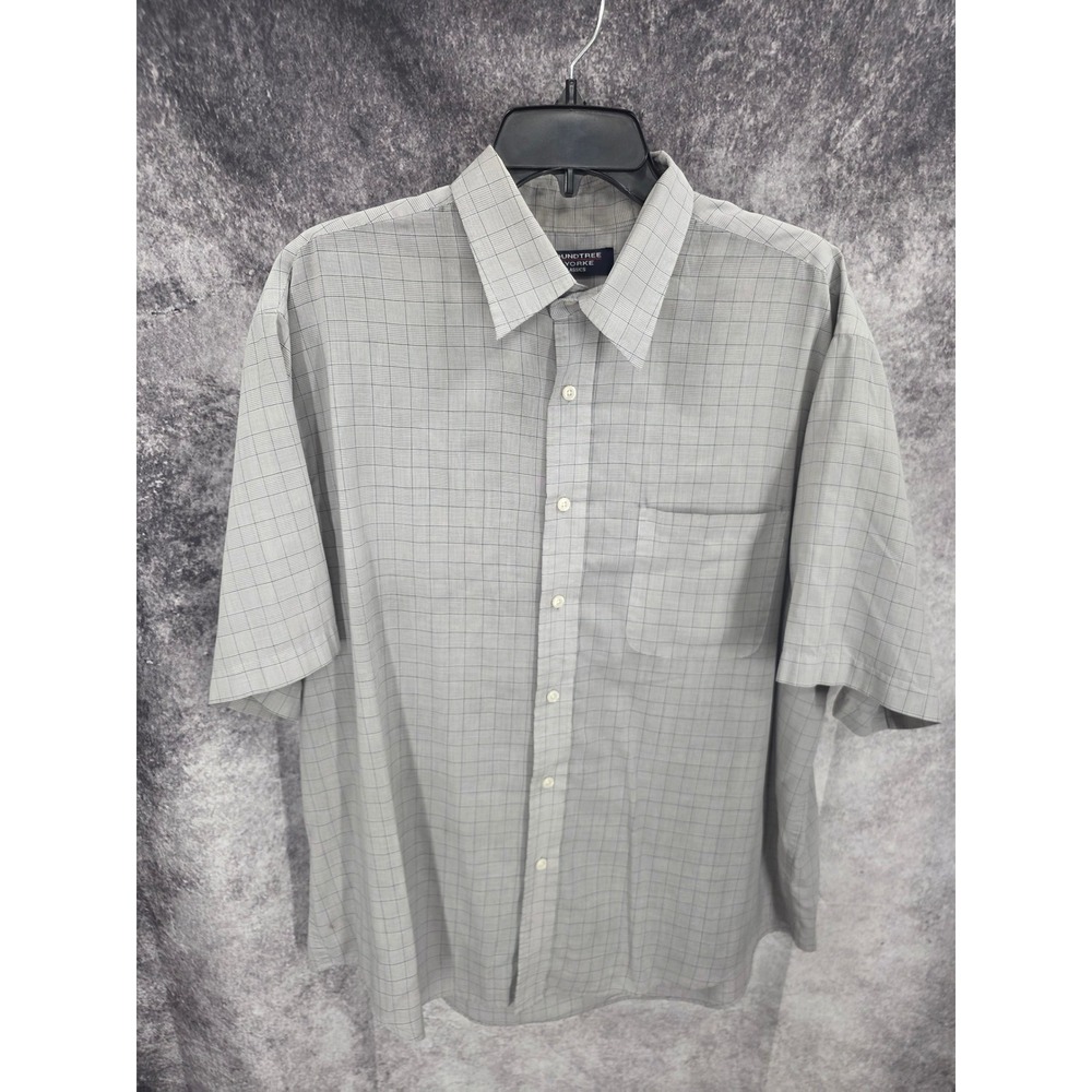 Roundtree & Yorke Shirt Mens XL Gray Windowpane Button Up Short Sleeve Preppy
